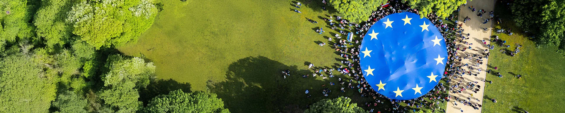People at a park holding a round EU flag